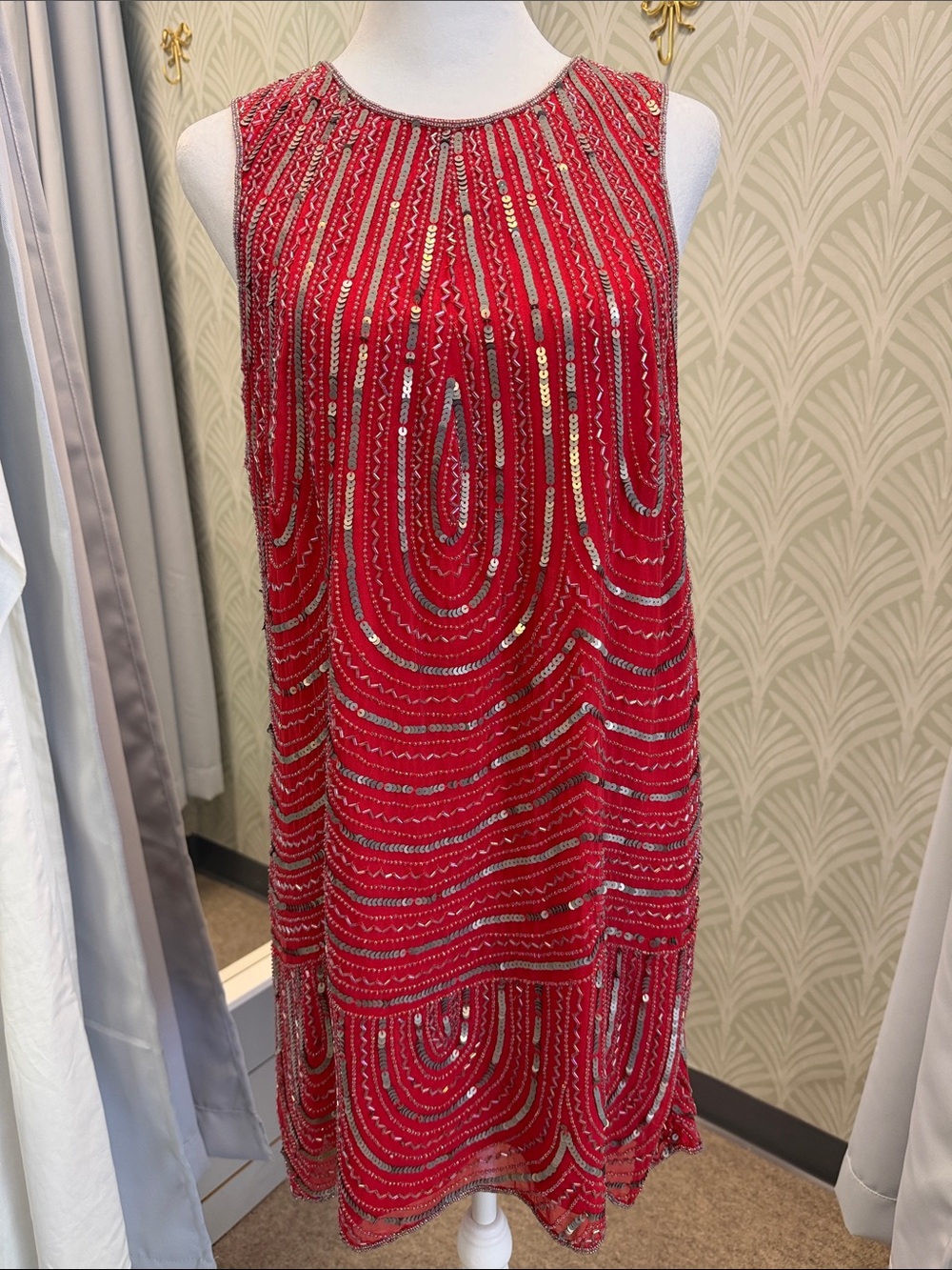Parker sequined and beaded vintage red silk cocktail dress
